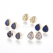 Brass Stud Earrings, with Druzy Resin Cabochons, teardrop, Golden, Mixed Color, 14.5x11.5x4~6mm, Pin: 0.8mm(EJEW-J098-GG)