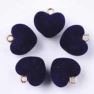Flocky Acrylic Pendants, with Brass Loops, Heart, Golden, Prussian Blue, 18.5x18x13mm, Hole: 2.5mm(FIND-T046-28-03)