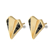 Rack Plating Brass Micro Pave Cubic Zirconia Stud Earring, Long-Lasting Plated, Cadmium Free & Lead Free, Triangle, Black, Real 18K Gold Plated, 13.5x11mm(EJEW-C101-03G)