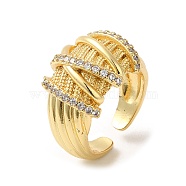 Rack Plating Real 18K Gold Plated Brass Criss Cross Open Cuff Rings, with Cubic Zirconia, Long-Lasting Plated, Lead Free & Cadmium Free, Clear, Inner Diameter: 17.6mm(RJEW-B048-05G)