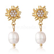 Clear Cubic Zirconia Sun with Shell Pearl Dangle Stud Earrings, 430 Stainless Steel Jewelry for Women, Golden, 29x12mm, Pin: 1mm(JE953A)