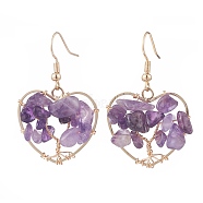 Natural Amethyst Chips Braided Heart with Tree of Life Dangle Earrings, Brass Wire Wrap Jewelry for Women, Golden, 42mm, Pin: 0.7mm(EJEW-JE04882-02)