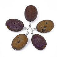 Electroplate Natural Druzy Geode Agate Pendants, with Brass Findings, Oval, Platinum, Colorful, 28~29x18.5x7mm, Hole: 4.5x4mm(G-S344-60B-06)