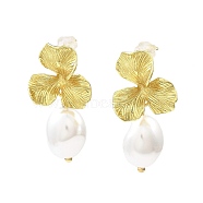 Flower Brass Stud Earrings, with Plastic Pearl Beads, Long-Lasting Plated, Lead Free & Cadmium Free, Real 18K Gold Plated, 33x16.5mm(EJEW-L270-011G)