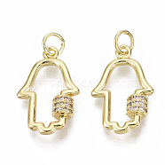 Brass Micro Pave Clear Cubic Zirconia Pendants, with Jump Rings, Hamsa Hand/Hand of Fatima/Hand of Miriam, Nickel Free, Real 18K Gold Plated, 20x13x4mm, Jump Rings: 5x1mm, Inner Diameter: 3mm(KK-N227-24G-NF)