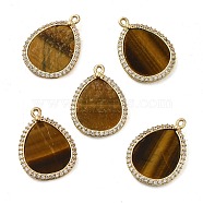 Natural Tiger Eye Pendants, Teardrop Charms with Rack Plating Gloden Tone Brass Micro Pave Clear Cubic Zirconia Findings, 20.5x15x2mm, Hole: 1mm(G-E609-03G-04)