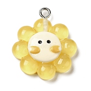 Translucent Resin Pendants, Sunflower Charms with Platinum Plated Iron Loops, Yellow, 24.5x21x6.5mm, Hole: 2mm(RESI-L038-02P-03)