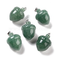 Natural Green Aventurine Pendants, with Rack Plating Brass Findings, Cadmium Free & Lead Free, Real Platinum Plated, Acorns, 29x20~21mm, Clasp: 5x4mm(G-M393-01P-02)