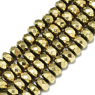 Electroplate Non-magnetic Synthetic Hematite Beads Strands, Rondelle, Faceted, Real 18K Gold Plated, 6x4mm, Hole: 1.2mm, about 100~101pcs/strand, 15.75 inch(40cm)(G-S352-51)