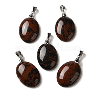 Natural Mahogany Obsidian Pendants, Oval Charms with Rack Plating Platinum Plated Brass Snap on Bails, 30x21.5~22x6~6.5mm, Hole: 6x4mm(G-Z055-03P-22)