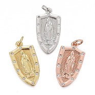 Brass Micro Pave Clear Cubic Zirconia Pendants, Lady of Guadalupe Charms, with Jump Rings, Long-Lasting Plated, for Religion, Shield with Virgin Mary, Mixed Color, 24x12x2mm, Hole: 3mm(KK-F821-17)