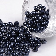 6/0 Glass Seed Beads, Metallic Colours, Black, 4mm, Hole: 1mm, about 4500pcs/pound(SEED-A009-4mm-606)