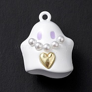 Halloween Spray Painted Alloy Pendants, with Plastic Pearls, Ghost Charm, White, 24x20x16mm, Hole: 2mm(PALLOY-R139-02B-01)