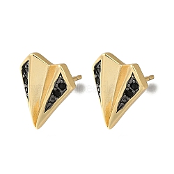 Rack Plating Brass Micro Pave Cubic Zirconia Stud Earring, Long-Lasting Plated, Cadmium Free & Lead Free, Triangle, Black, Real 18K Gold Plated, 13.5x11mm(EJEW-C101-03G)