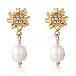Clear Cubic Zirconia Sun with Shell Pearl Dangle Stud Earrings, 430 Stainless Steel Jewelry for Women, Golden, 29x12mm, Pin: 1mm(JE953A)