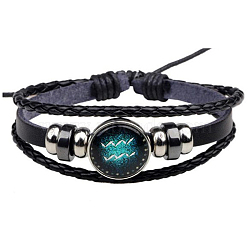 Constellation Glass Link Multi-strand Bracelet, PU Leather Braided Triple Layer Gothic Bracelet for Men Women, Aquarius, 7-1/8~9-7/8 inch(18~25cm)(ZODI-PW0001-041J)