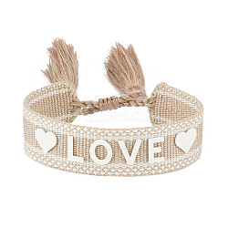Silicone Word Love Pattern Braided Cord Bracelet with Polyester Tassels, Flat Adjustable Bracelet for Women, Tan, Inner Diameter: 5-7/8~9-1/2 inch(15~24cm)(VALE-PW0001-032A)