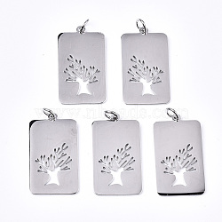 304 Stainless Steel Pendants, Laser Cut, with Jump Rings, Rectangle with Tree of Life, Stainless Steel Color, 26.5x15x1mm, Jump Ring: 5x0.8mm, 3.4mm inner diameter(STAS-S116-016P)