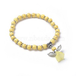 Dyed Synthetic Turquoise Beads Stretch Bracelets, with Transparent Frosted Acrylic Flower Beads and Tibetan Style Alloy Findings, Lovely Wedding Dress Angel Charm Bracelets, Yellow, 2-1/8 inch(5.3cm)(BJEW-JB04222-05)