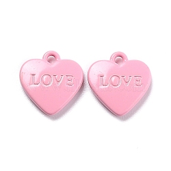 Heart Alloy Spray Painted Charms, Word LOVE, Pink, 12x11.5x2.5mm, Hole: 1.4mm(PALLOY-B005-01K)