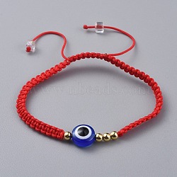 Nylon Thread Braided Bead Bracelets, with Evil Eye Resin Beads and Brass Beads, Golden, Red, 2-1/8 inch~3-1/8 inch(5.3~8cm)(X-BJEW-JB04769-01)