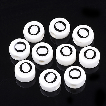Handmade Porcelain Beads, Horizontal Hole, Flat Round with Letter, White, Letter.O, 8~8.5x4.5mm, Hole: 2mm