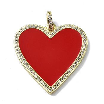 Rack Plating Real 18K Gold Plated Brass Micro Pave Cubic Zirconia Pendants, with Enamel, Long-Lasting Plated, Lead Free & Cadmium Free, Heart, Red, 31x30.5x2.5mm, Hole: 4.5x3mm