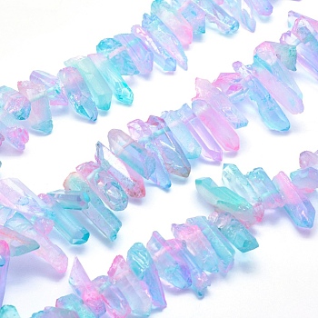 Electroplated Natural Quartz Crystal Beads Strands, Dyed, Nuggets, Colorful, 18~36x6~10mm, Hole: 1.5mm, about 15.7 inch(40cm)