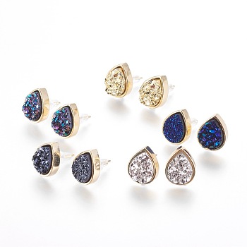 Brass Stud Earrings, with Druzy Resin Cabochons, teardrop, Golden, Mixed Color, 14.5x11.5x4~6mm, Pin: 0.8mm