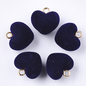 Flocky Acrylic Pendants, with Brass Loops, Heart, Golden, Prussian Blue, 18.5x18x13mm, Hole: 2.5mm