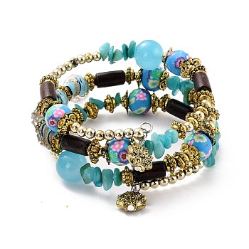 Boho Multi-strand Irregular Synthetic Turquoise Beads Wrap Bracelet, Flower Charm Bracelet, Wood & Round Flower Beads Bracelet, Ethnic Jewelry for Women, Antique Golden, Light Sky Blue, Inner Diameter: 1-7/8 inch(4.9cm)