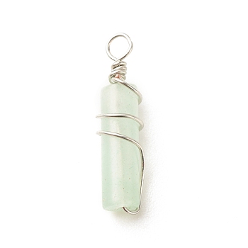 Natural Green Aventurine Pendants, with Platinum Plated Eco-Friendly Brass Wire Wrapped, Column, 19.5~20x5~5.5mm, Hole: 2.4~2.8mm