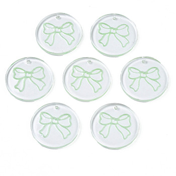 Transparent Resin Pendants, with Glitter Powder, Flat Round with Bowknot, Pale Green, 24.5x2.5~3mm, Hole: 1.4mm