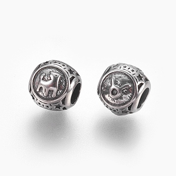 316 Surgical Stainless Steel European Beads, Large Hole Beads, Rondelle with Constellations Taurus, Antique Silver, 10x9mm, Hole: 4mm