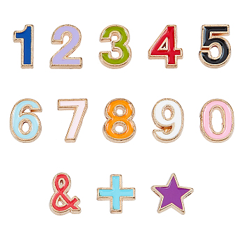 SUPERFINDINGS Alloy Enamel Beads, Number 0~9 and Star and Plus Sign and Ampersand &, Cadmium Free & Lead Free, Light Gold, Mixed Color, 13pcs/set, 4set/box