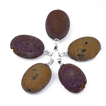 Electroplate Natural Druzy Geode Agate Pendants, with Brass Findings, Oval, Platinum, Colorful, 28~29x18.5x7mm, Hole: 4.5x4mm