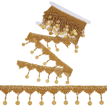 5 Yards Polyester Flower Paillette Lace Ribbon, Wave Edge Lace Trim, with Iron Flat Round Pendants, with Cardboard Card, Gold, 1-1/2~3 inch(38~75mm)