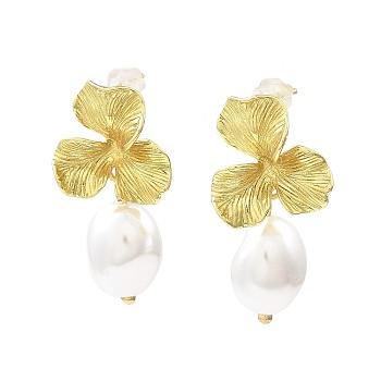 Flower Brass Stud Earrings, with Plastic Pearl Beads, Long-Lasting Plated, Lead Free & Cadmium Free, Real 18K Gold Plated, 33x16.5mm