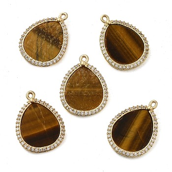 Natural Tiger Eye Pendants, Teardrop Charms with Rack Plating Gloden Tone Brass Micro Pave Clear Cubic Zirconia Findings, 20.5x15x2mm, Hole: 1mm