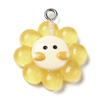 Translucent Resin Pendants, Sunflower Charms with Platinum Plated Iron Loops, Yellow, 24.5x21x6.5mm, Hole: 2mm