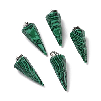 Synthetic Malachite Pendants, with Platinum Plated Brass Findings, Faceted, Cone, 35~36x13~14x12~12.5mm, Hole: 2.7x6.5mm