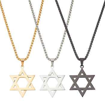 3Pcs 3 Colors 304 Stainless Steel Pendant Necklaces Set, Star of David, Mixed Color, 23.62 inch(60cm), 1Pc/color