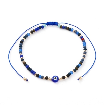 Adjustable Nylon Cord Braided Bead Bracelets, with Evil Eye Lampwork Beads, FGB Glass Seed Beads and Frosted Glass Beads, Blue, Inner Diameter: 2-1/8~4-1/8 inch(5.3~10.3cm)