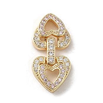 Brass Micro Pave Cubic Zirconia Fold Over Clasps, Heart, Real 18K Gold Plated, Lavender, 29x14x4.5mm