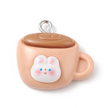 Opaque Resin Pendants, Cute Rabbit Charms, with Platinum Tone Iron Loops, Cup, Tableware, 21x22.5x8mm, Hole: 2mm