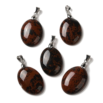 Natural Mahogany Obsidian Pendants, Oval Charms with Rack Plating Platinum Plated Brass Snap on Bails, 30x21.5~22x6~6.5mm, Hole: 6x4mm