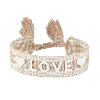 Silicone Word Love Pattern Braided Cord Bracelet with Polyester Tassels, Flat Adjustable Bracelet for Women, Tan, Inner Diameter: 5-7/8~9-1/2 inch(15~24cm)