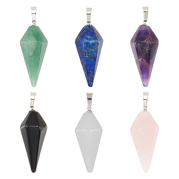 Olycraft 6Pcs 6 Style Natural Mixed Gemstone Pointed Pendants, with Brass Findings, Bullet, Platinum, 38.5x16x14.5mm, Hole: 5x8mm, 1pc/style