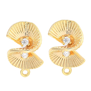 Brass Micro Pave Cubic Zirconia Stud Earring Findings, Fan, Golden, 16.6x10.8mm, Hole: 1.2mm, Pin: 11.5x0.8mm