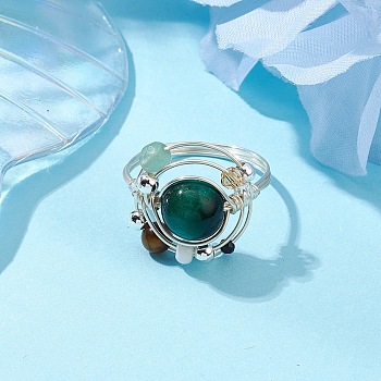 Planet Natural Green Aventurine Finger Rings, Brass Rings for Woman, Inner Diameter: 18mm